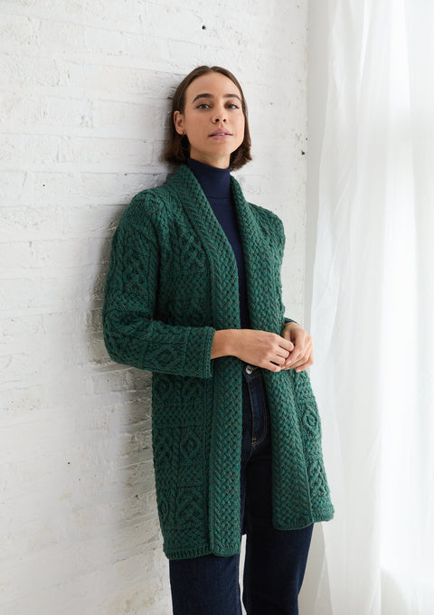 Cardigan long châle Tara pour femme en laine mérinos Aran - Crème mouchetée