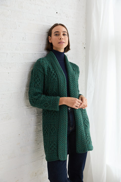 Tara Ladies Merino Aran Long Shawl Cardigan - Green