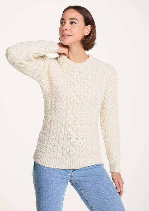 Inishmore Damen Slim-Fit Merino Aran Pullover - Creme