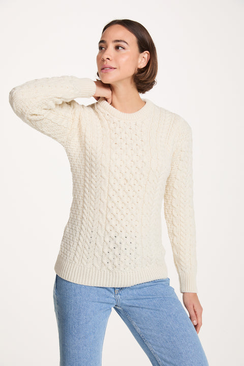 Inishmore Damen Slim-Fit Merino Aran Pullover - Creme