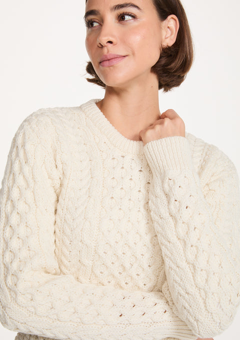 Inishmore Damen Slim-Fit Merino Aran Pullover - Creme