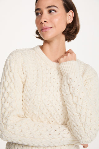 Inishmore Ladies Slim-Fit Merino Aran Sweater - Cream