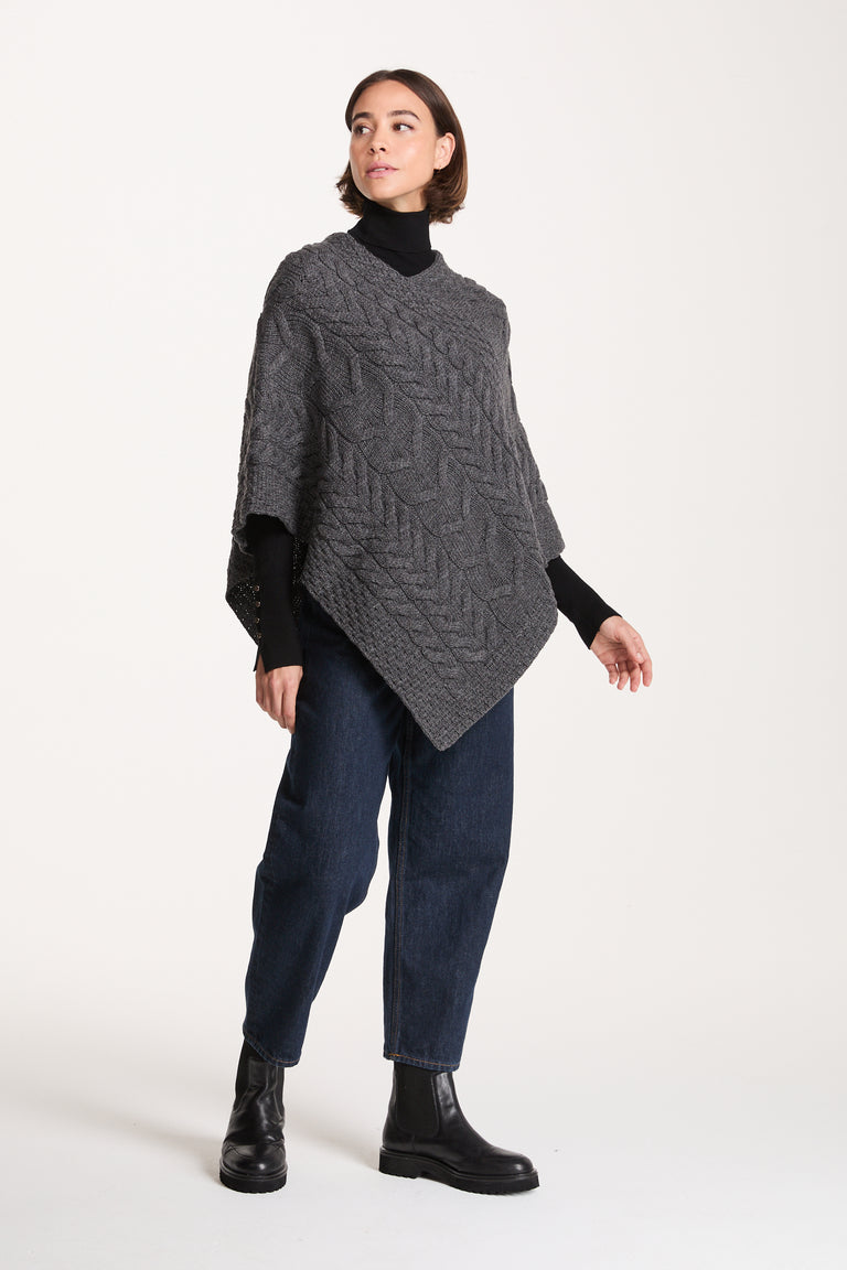 Aasleagh Falls Ladies Aran Poncho - Grey