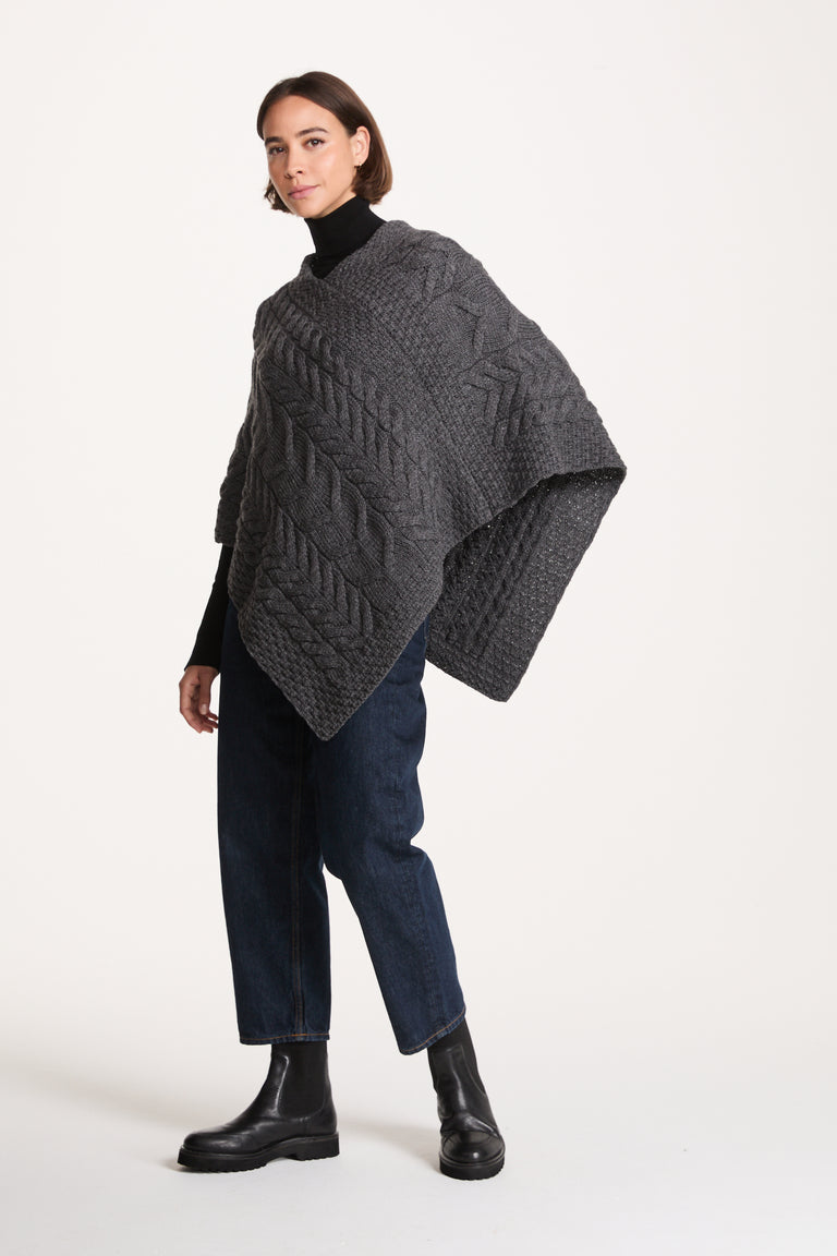 Aasleagh Falls Ladies Aran Poncho - Grey