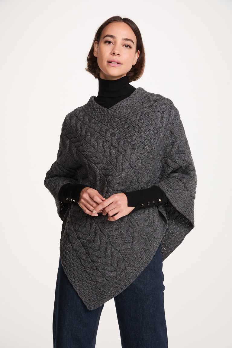 Aasleagh Falls Ladies Aran Poncho - Grey