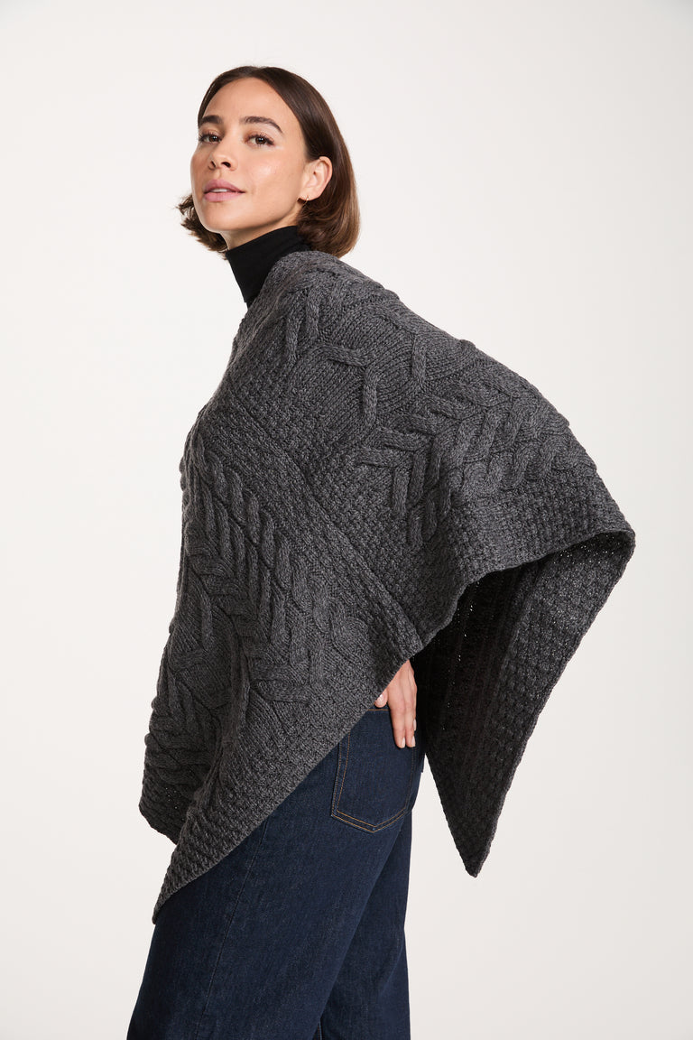 Aasleagh Falls Ladies Aran Poncho - Grey