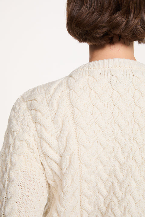 Cleggan Damen Aran Strickjacke mit Rundhalsausschnitt - Creme