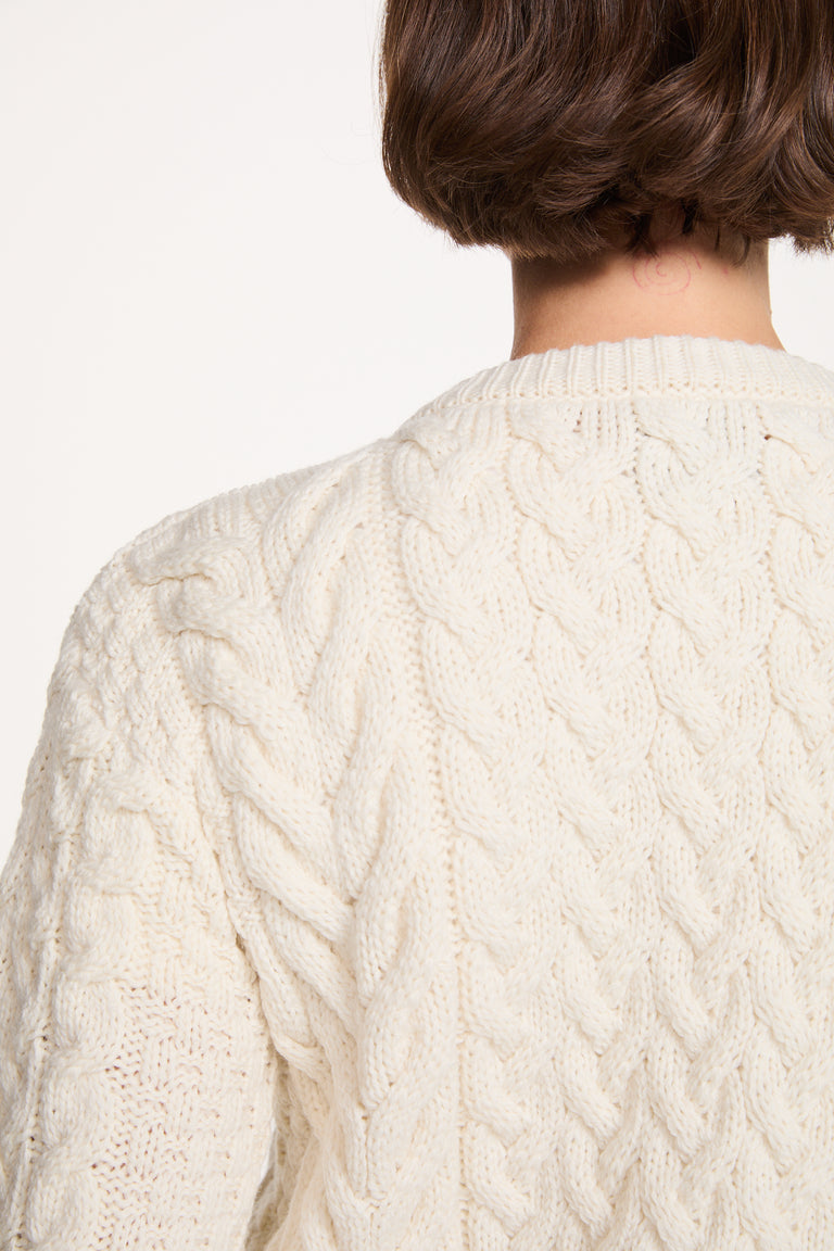 Cleggan Ladies Aran Crew Neck Cardigan - Cream