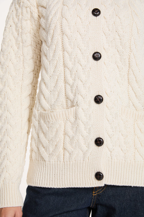 Cleggan Damen Aran Strickjacke mit Rundhalsausschnitt - Creme
