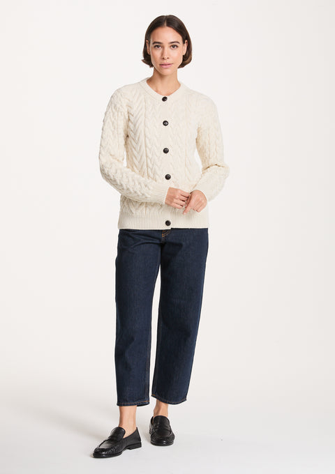Cleggan Damen Aran Strickjacke mit Rundhalsausschnitt - Creme