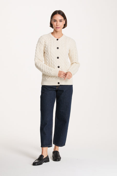 Cleggan Damen Aran Strickjacke mit Rundhalsausschnitt - Creme
