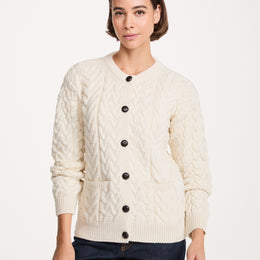 Cleggan Damen Aran Strickjacke mit Rundhalsausschnitt - Creme