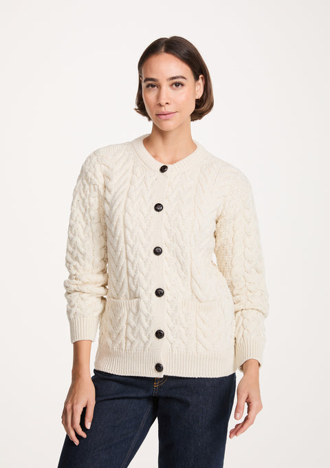 Cleggan Damen Aran Strickjacke mit Rundhalsausschnitt - Creme