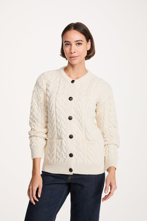 Cleggan Damen Aran Strickjacke mit Rundhalsausschnitt - Creme