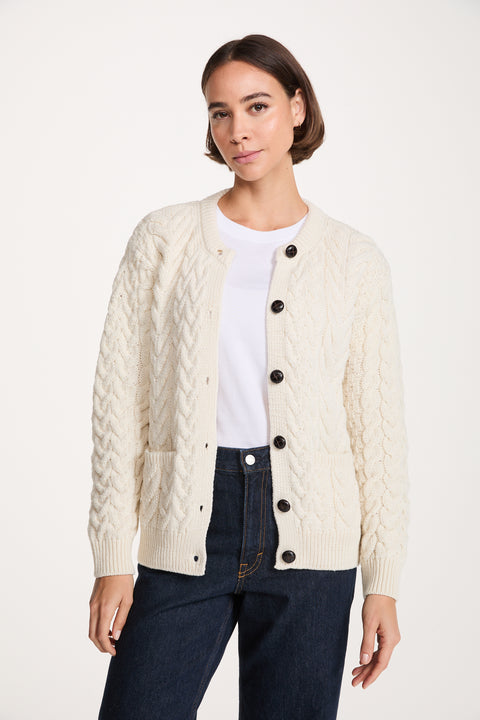 Cleggan Damen Aran Strickjacke mit Rundhalsausschnitt - Creme