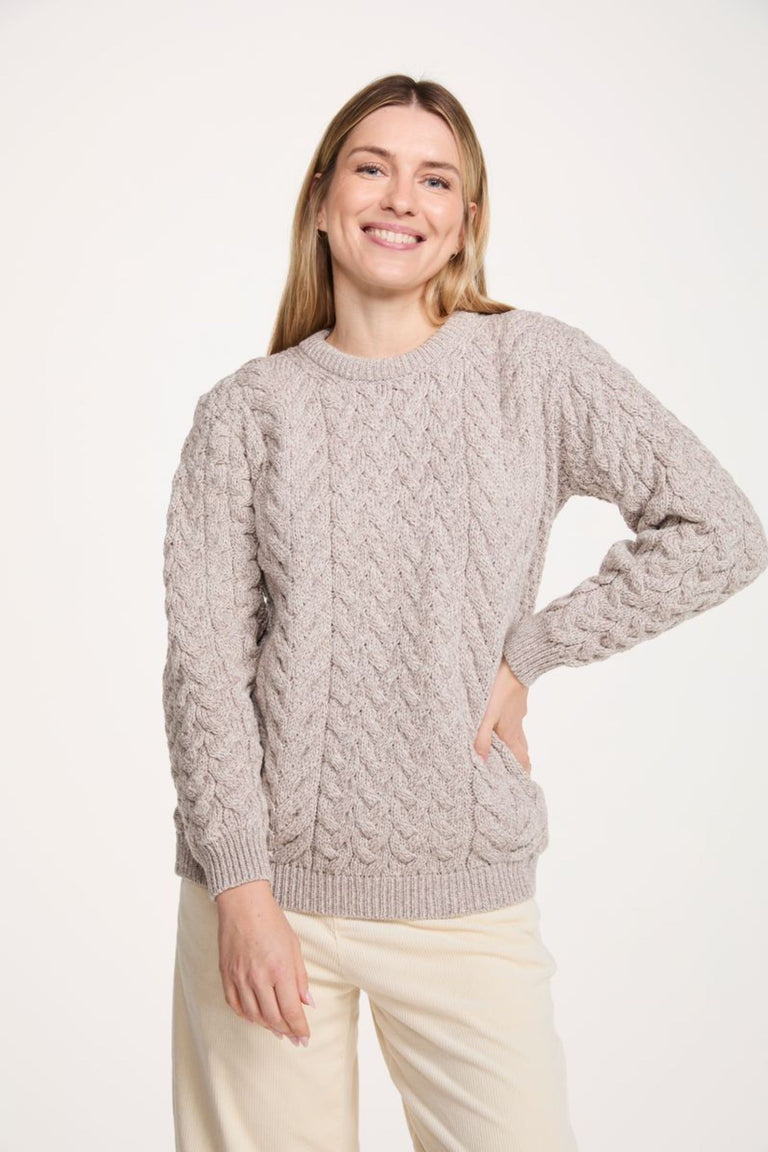 Omey Ladies Aran Crew Neck Sweater - Oat