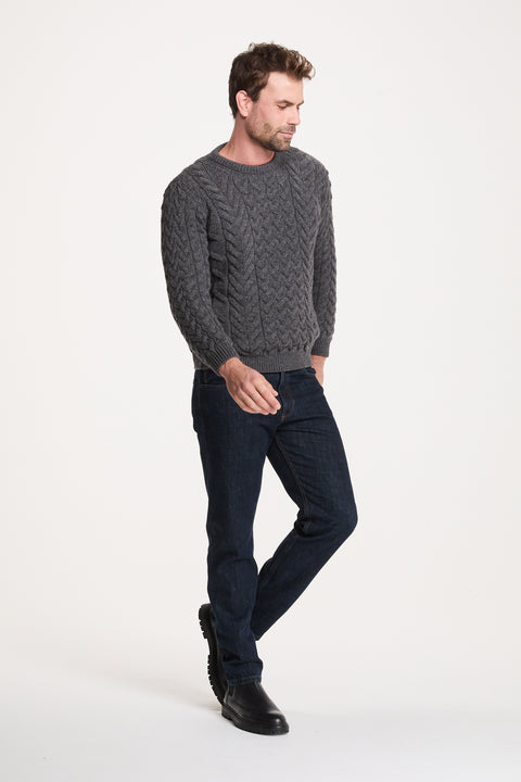 Omey Mens Aran Crew Neck Sweater - Charcoal