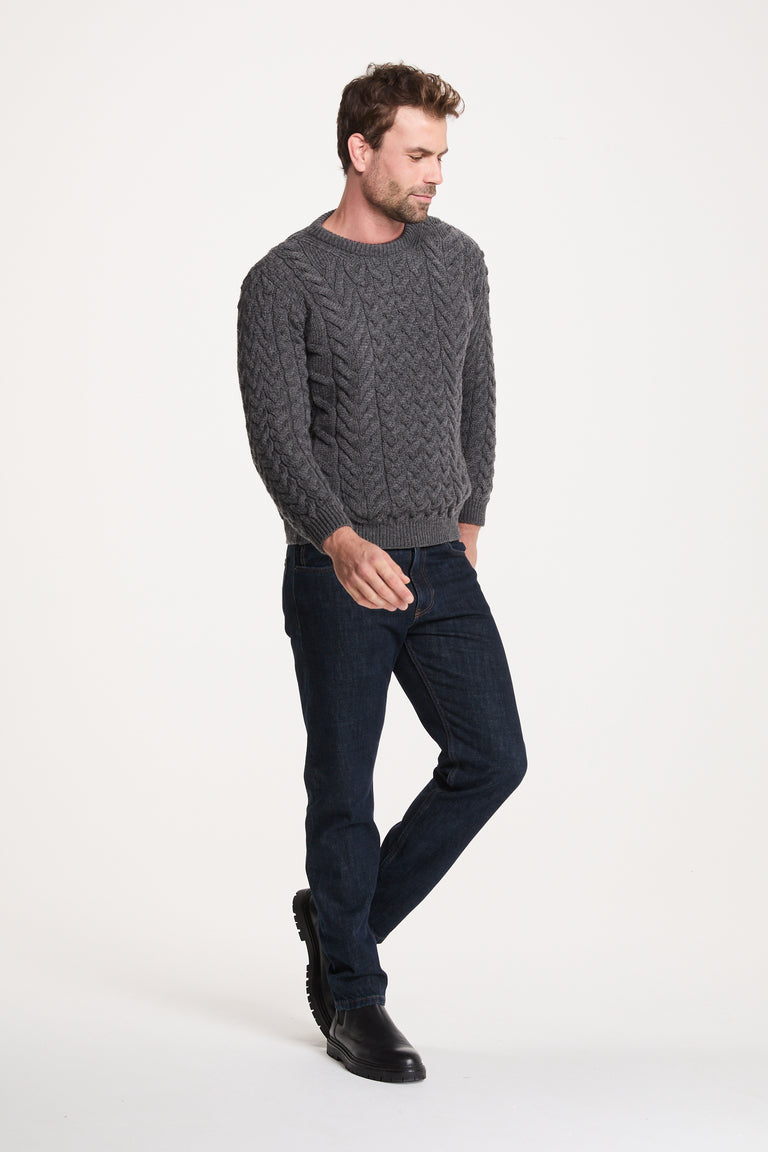 Omey Mens Aran Crew Neck Sweater - Charcoal