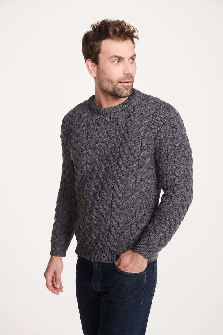 Omey Mens Aran Crew Neck Sweater - Charcoal