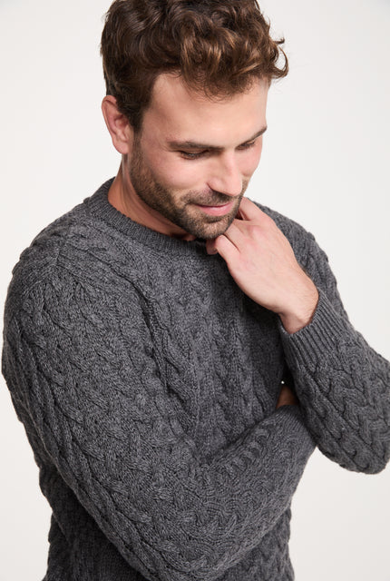 Omey Mens Aran Crew Neck Sweater - Charcoal