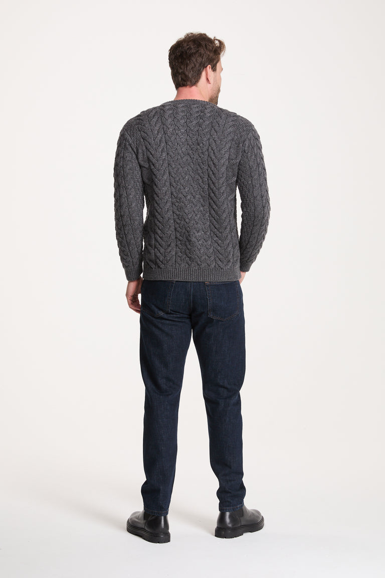 Omey Mens Aran Crew Neck Sweater - Charcoal