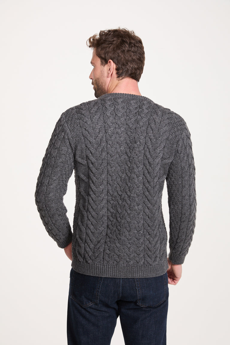 Omey Mens Aran Crew Neck Sweater - Charcoal