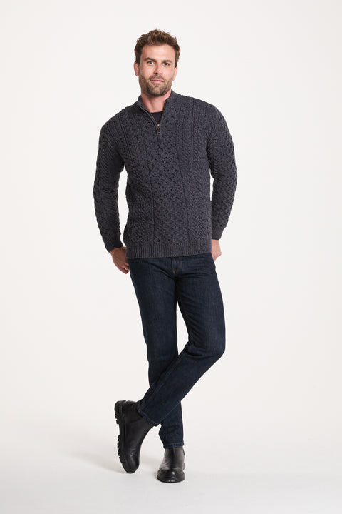 Ballycroy Herren Merino Aran Half Zip Pullover - Grau