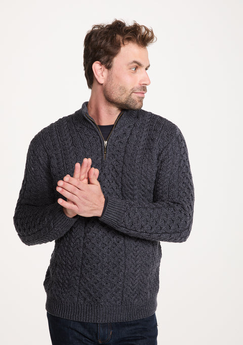 Pull demi-zippé Ballycroy en laine mérinos Aran pour homme - Gris