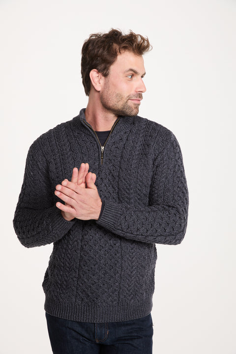 Ballycroy Herren Merino Aran Half Zip Pullover - Grau