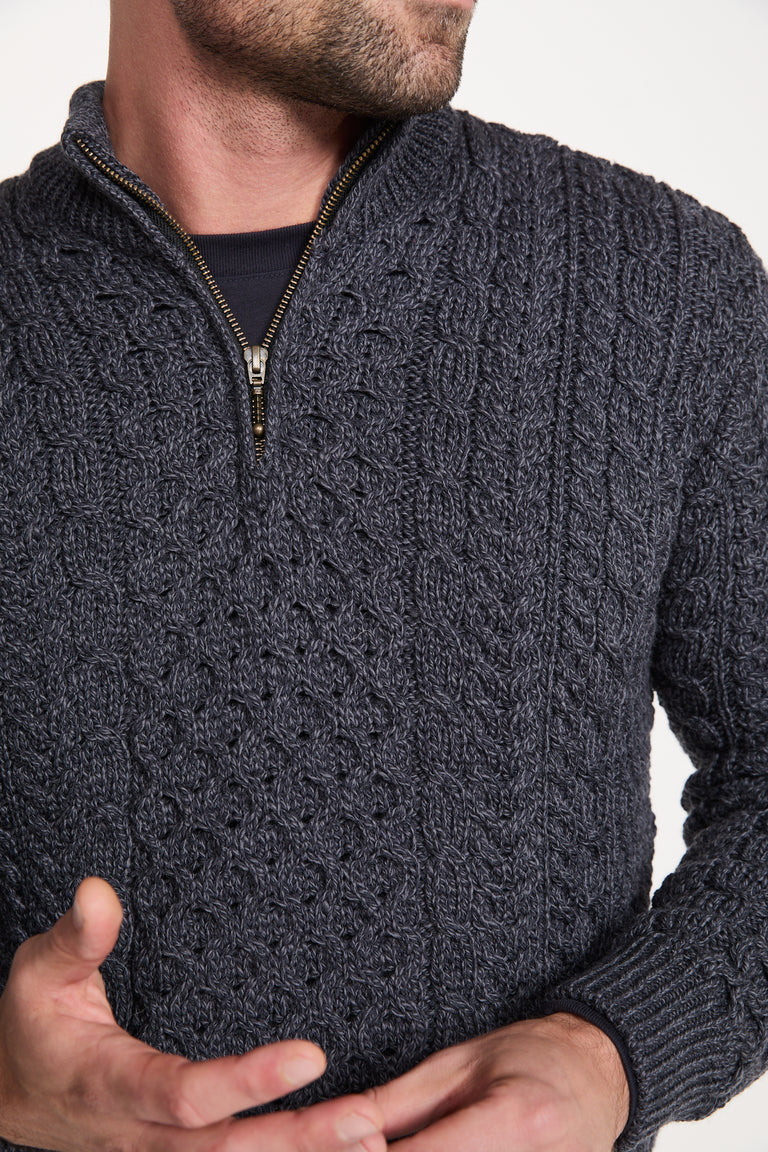 Ballycroy Mens Merino Aran Half Zip Sweater - Grey