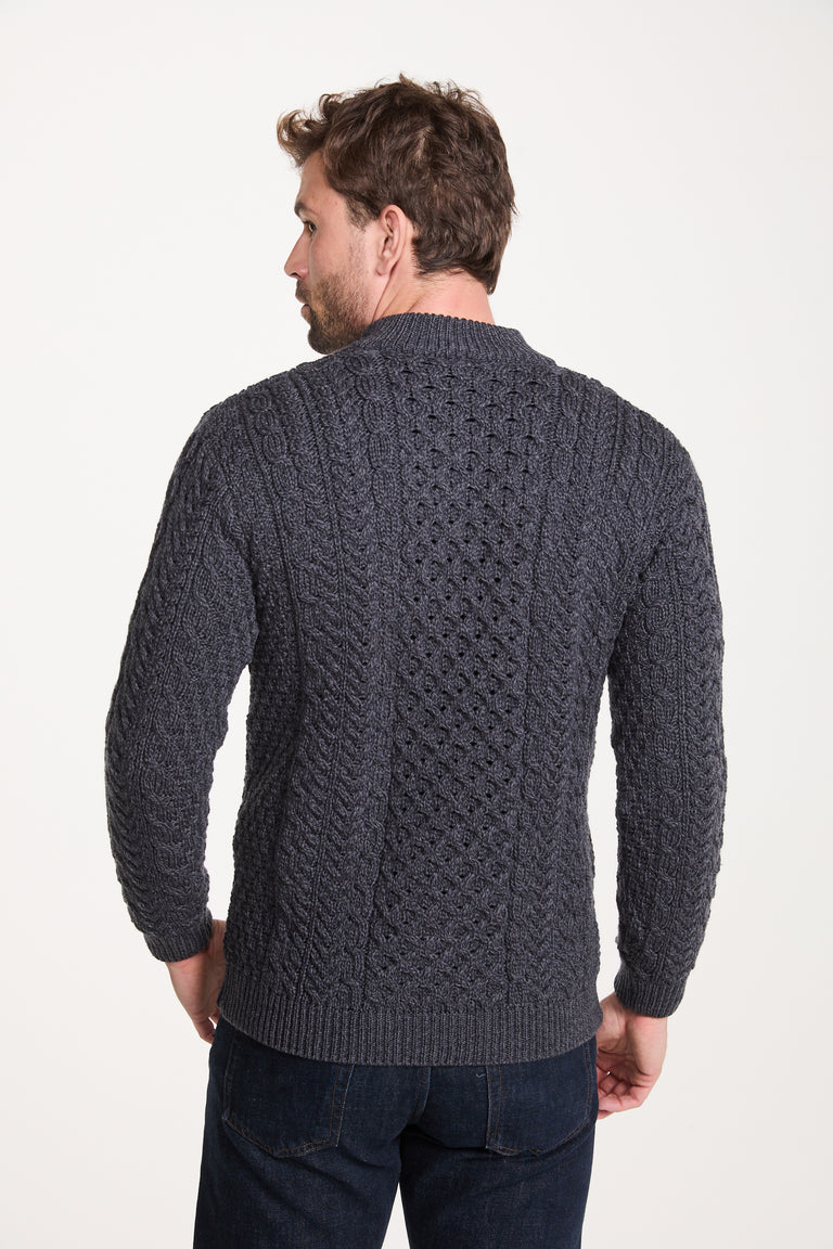 Ballycroy Mens Merino Aran Half Zip Sweater - Grey