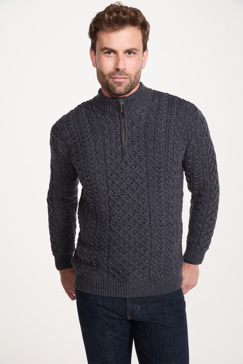 Ballycroy Mens Merino Aran Half Zip Sweater - Grey
