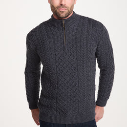 Pull demi-zippé Ballycroy en laine mérinos Aran pour homme - Gris