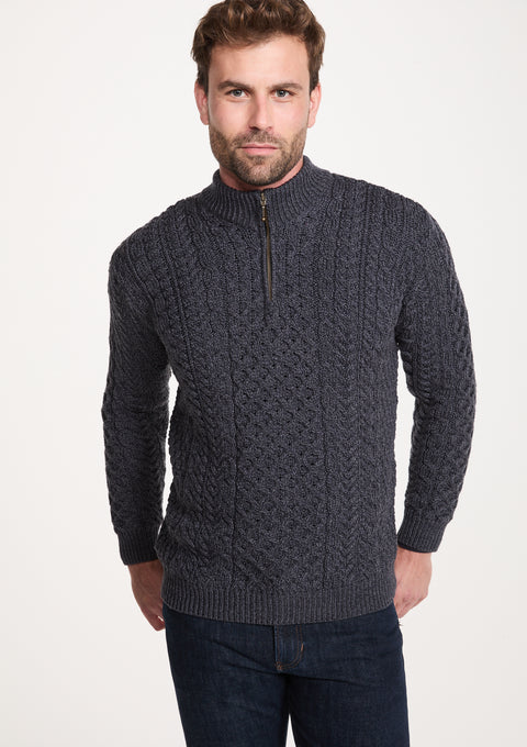 Pull demi-zippé Ballycroy en laine mérinos Aran pour homme - Gris