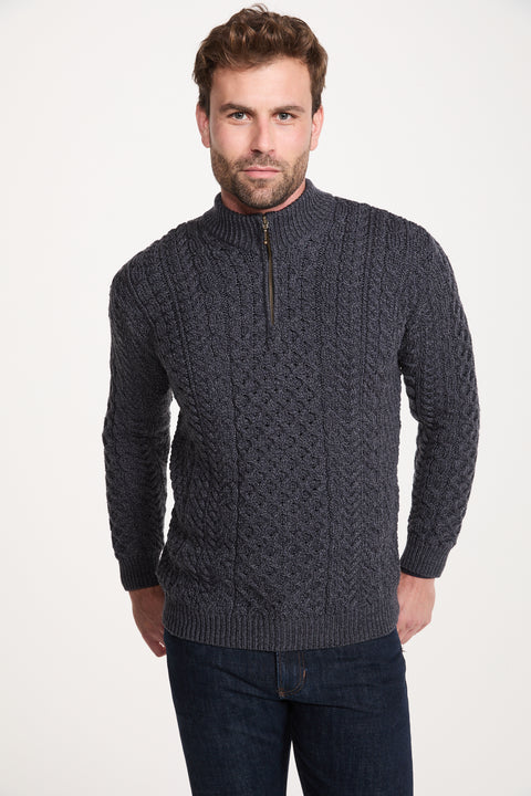 Ballycroy Herren Merino Aran Half Zip Pullover - Grau