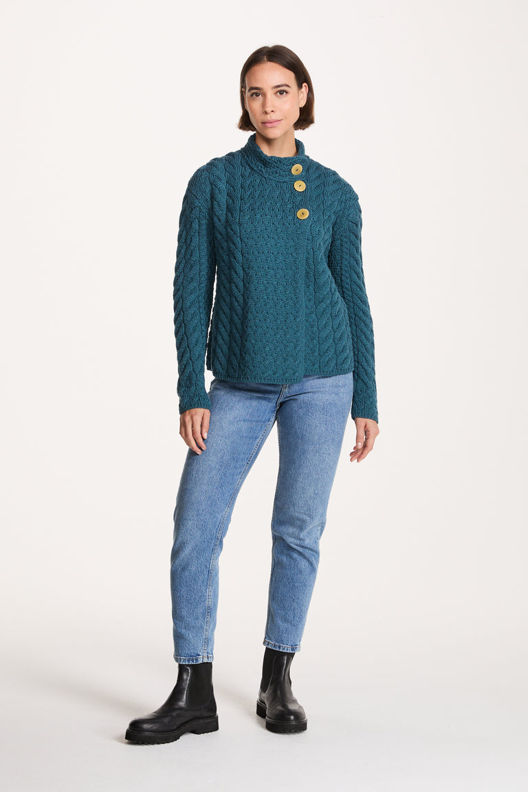 Louisburgh Ladies Cable Aran Cardigan - Irish Sea