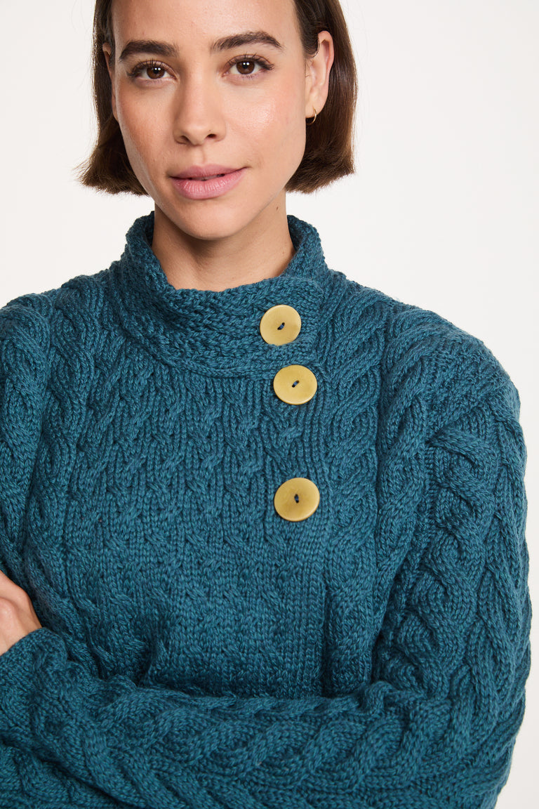 Louisburgh Ladies Cable Aran Cardigan - Irish Sea