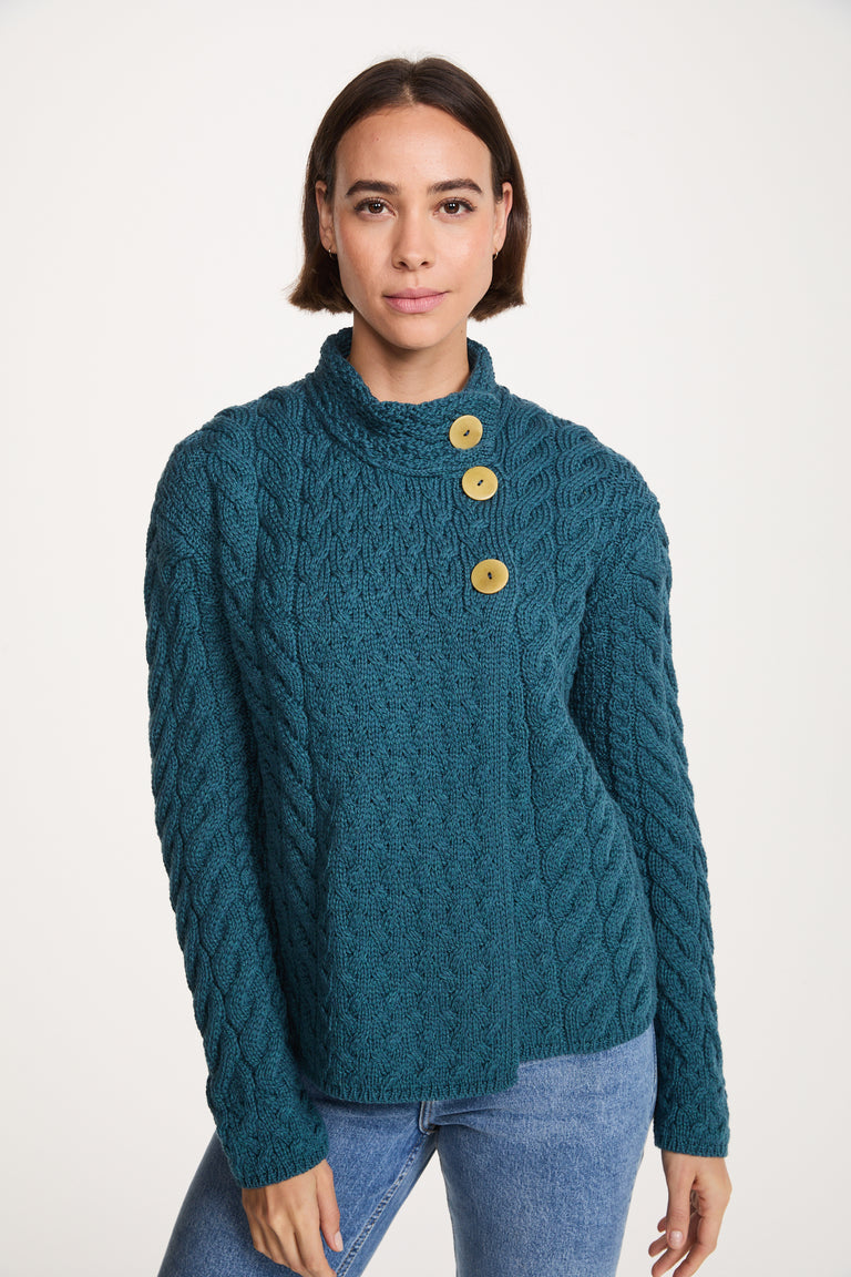 Louisburgh Ladies Cable Aran Cardigan - Irish Sea