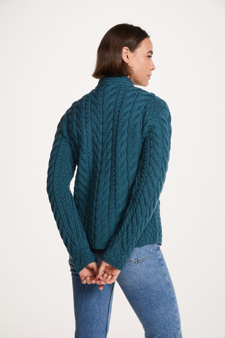 Louisburgh Ladies Cable Aran Cardigan - Irish Sea