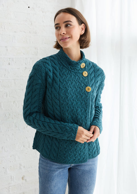 Louisburgh Damen Aran-Cardigan mit Zopfmuster - Irische See