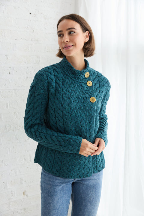 Louisburgh Damen Aran-Cardigan mit Zopfmuster - Irische See