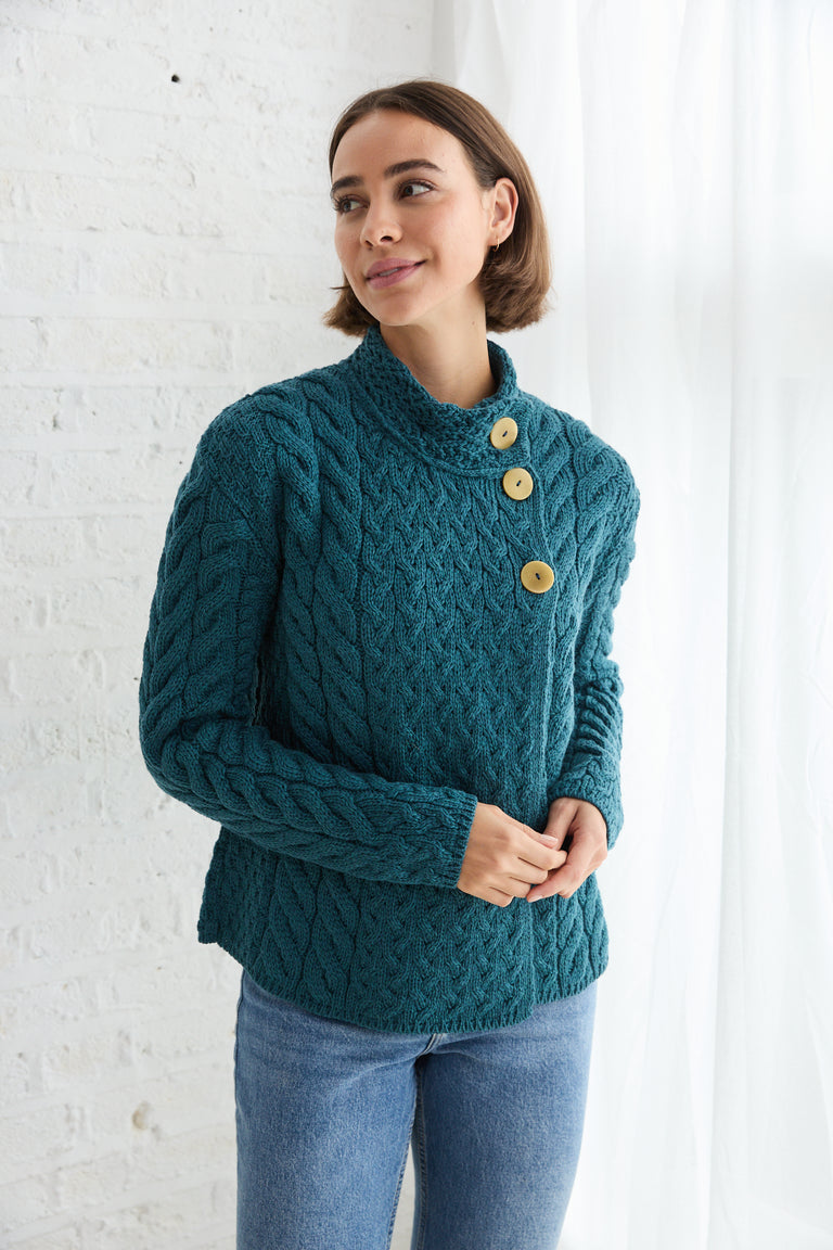 Louisburgh Ladies Cable Aran Cardigan - Irish Sea