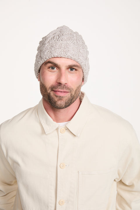 Clifden Cable Aran Hat with Pom Poms -  Oat