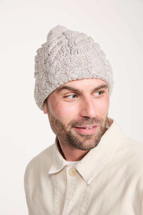 Clifden Cable Aran Hat with Pom Poms -  Oat