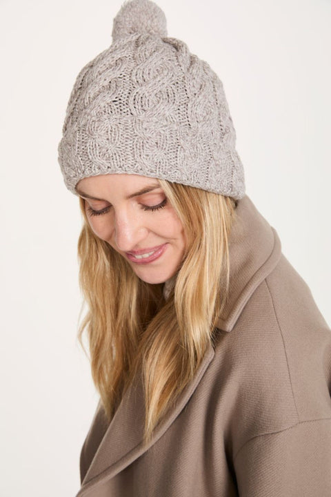 Clifden Cable Aran Hat with Pom Poms -  Oat