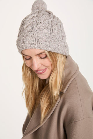 Clifden Cable Aran Hat with Pom Poms -  Oat