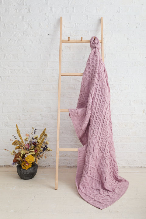Dugort Honey, Diamond & Cable Aran Blanket - Pink