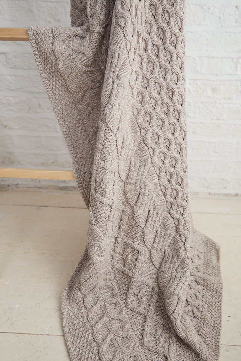 Dugort Honey, Diamond & Cable Aran Blanket - Oat