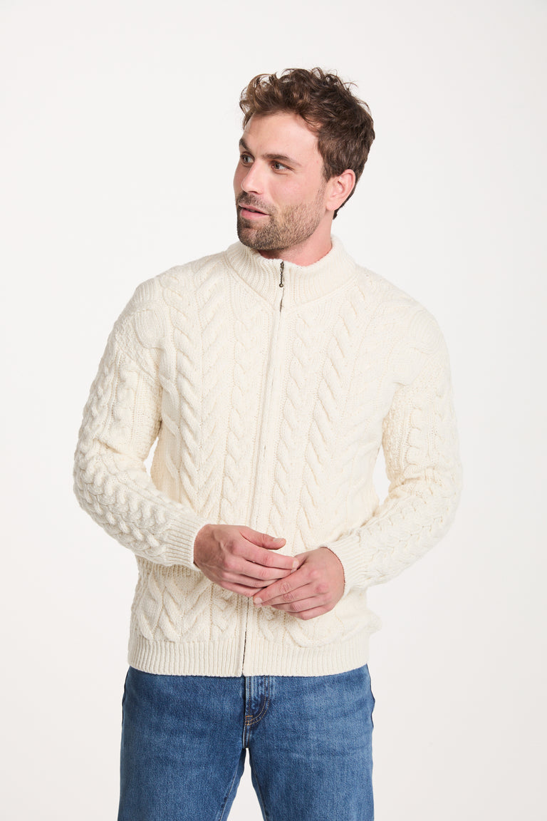 Corraun Mens Aran Zipper Merino Cardigan - Cream
