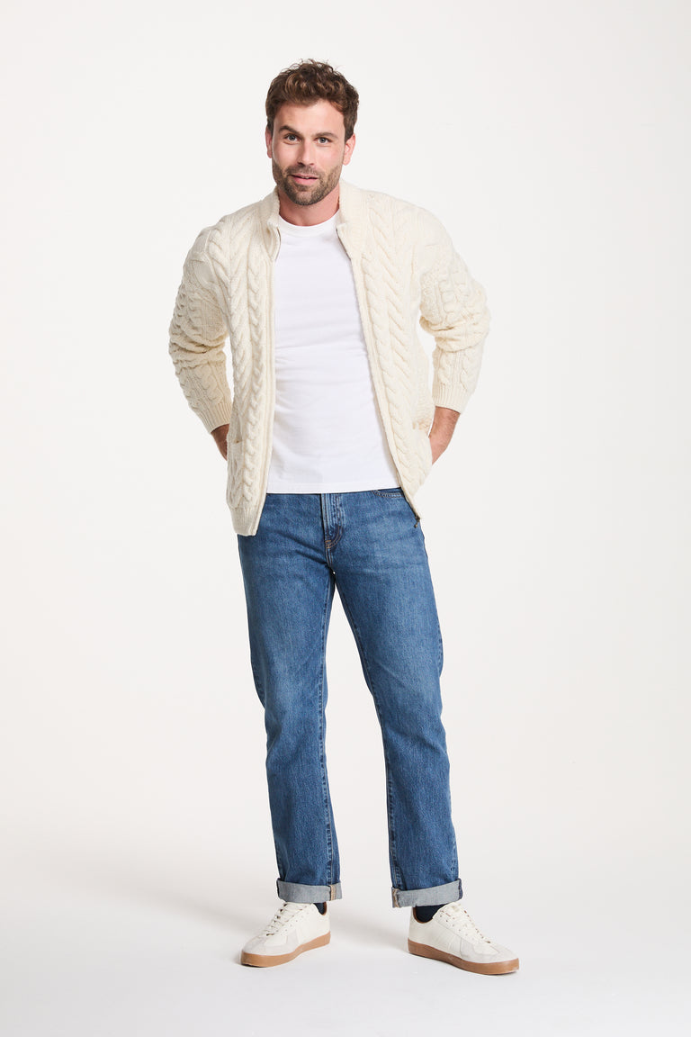 Corraun Mens Aran Zipper Merino Cardigan - Cream